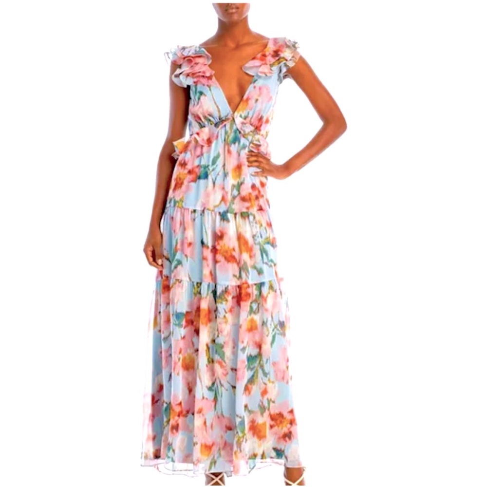 Aqua Ruffled Maxi Dress - floral - medium